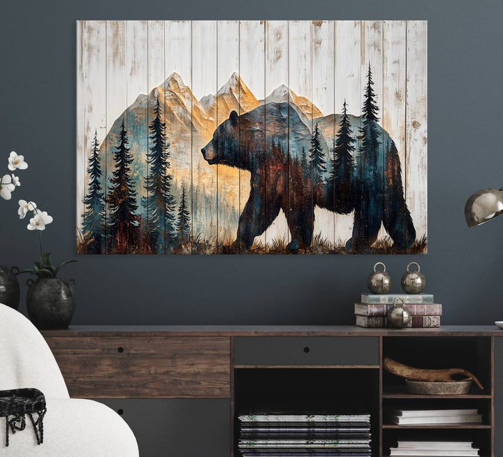 Rustic Bear Wall Art - Grizzly 399 Bear Wall Art - Mountain Wood Canvas Wall Art - Nature Theme Framed Artwork with Forest Silhouette
