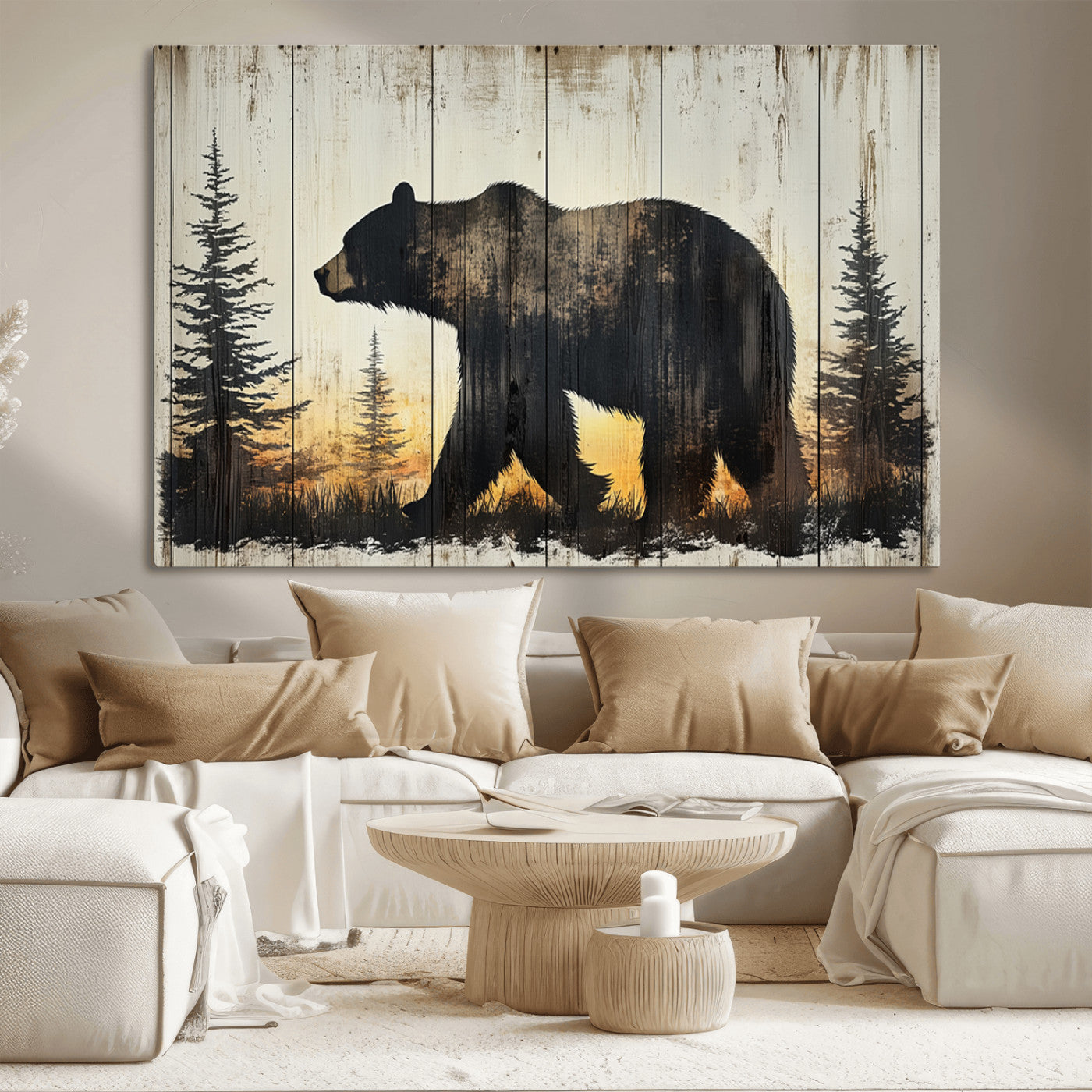 83875-MGV-CV-36X24-Vintage Bear Wall Art Canvas Print for Farmhouse - Mountain Wood Canvas Wall Art - Forest Silhouette