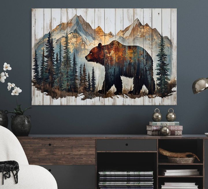 The living room features Rustic Grizzly 399 bear wall art, adding a cozy touch to the setup.