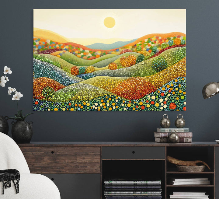 The YAYOI KUSAMA Colorful Dot Art Landscape Canvas depicts vibrant rolling hills and a sun.