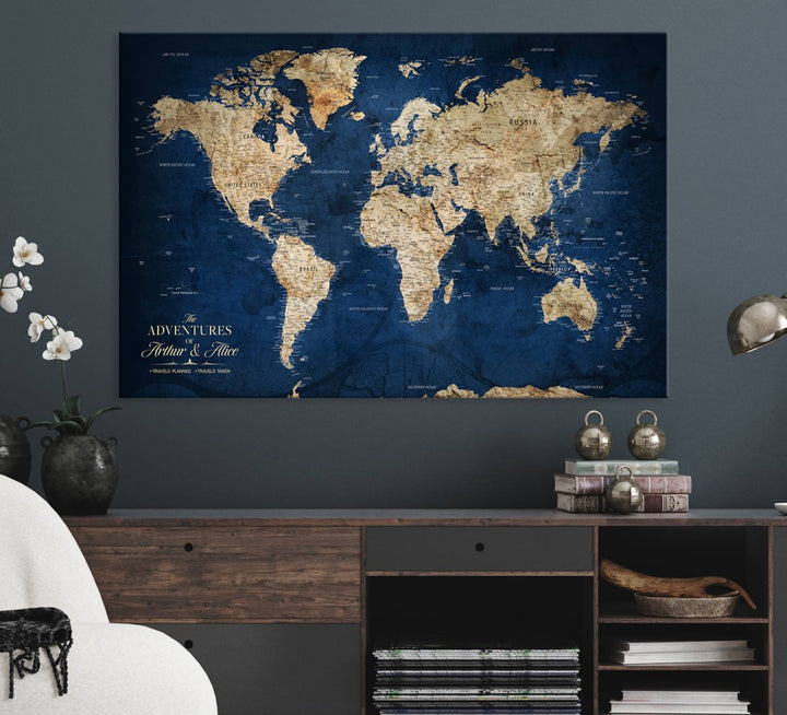 A Personalized Custom World Map Canvas Print on blue hangs prominently.