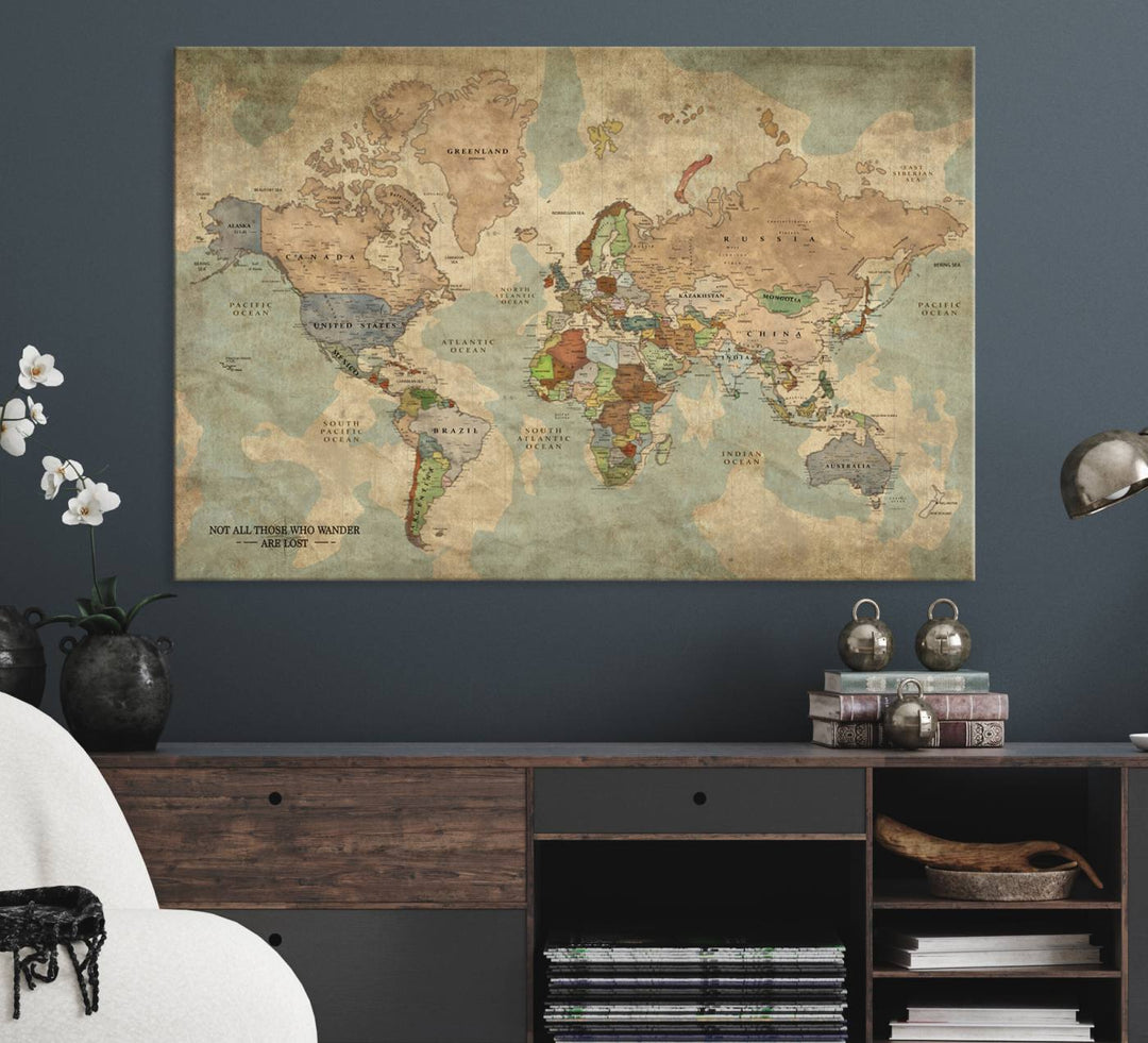 A Personalized World Map Canvas Print in vintage style enhances the setting with its artistic charm.