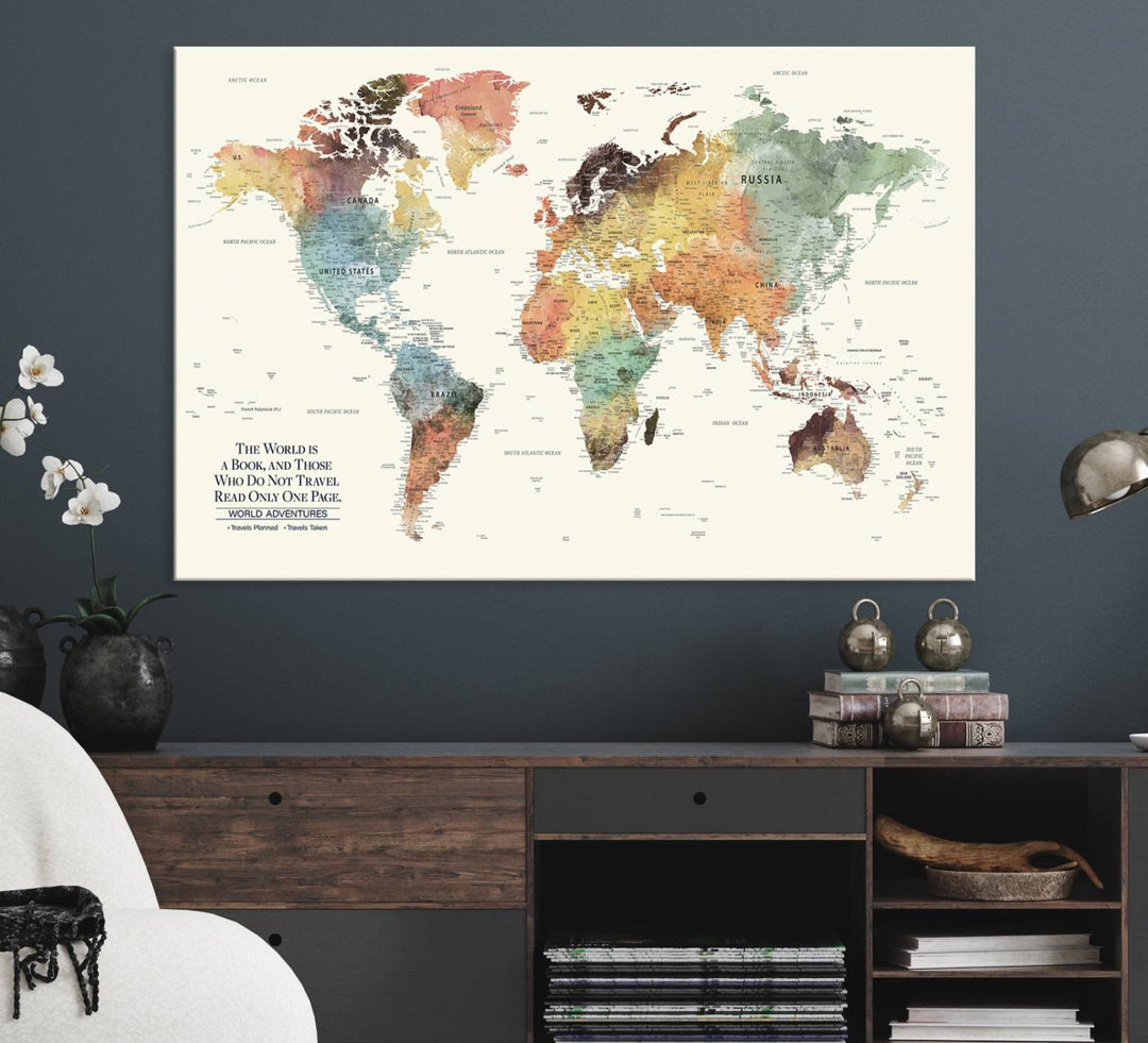 A colorful Personalized World Map Canvas Print, ideal as wall art for living room or office.