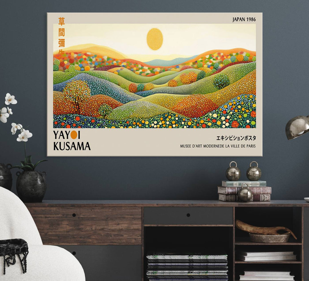 The Yayoi Kusama Wabi Sabi Japanese Wall Art Print features a vibrant landscape with dots, sun, and mountains.