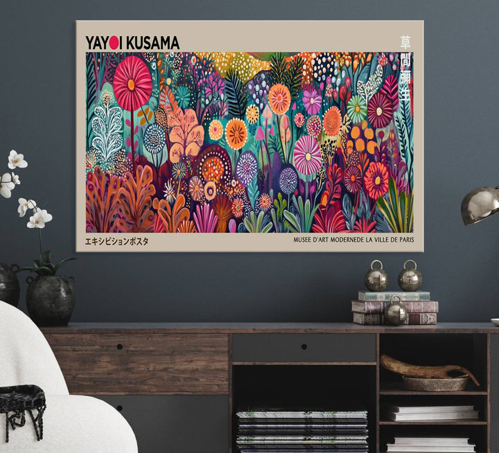 A vibrant Yayoi Kusama Wall Art Canvas Print is held on a porch.