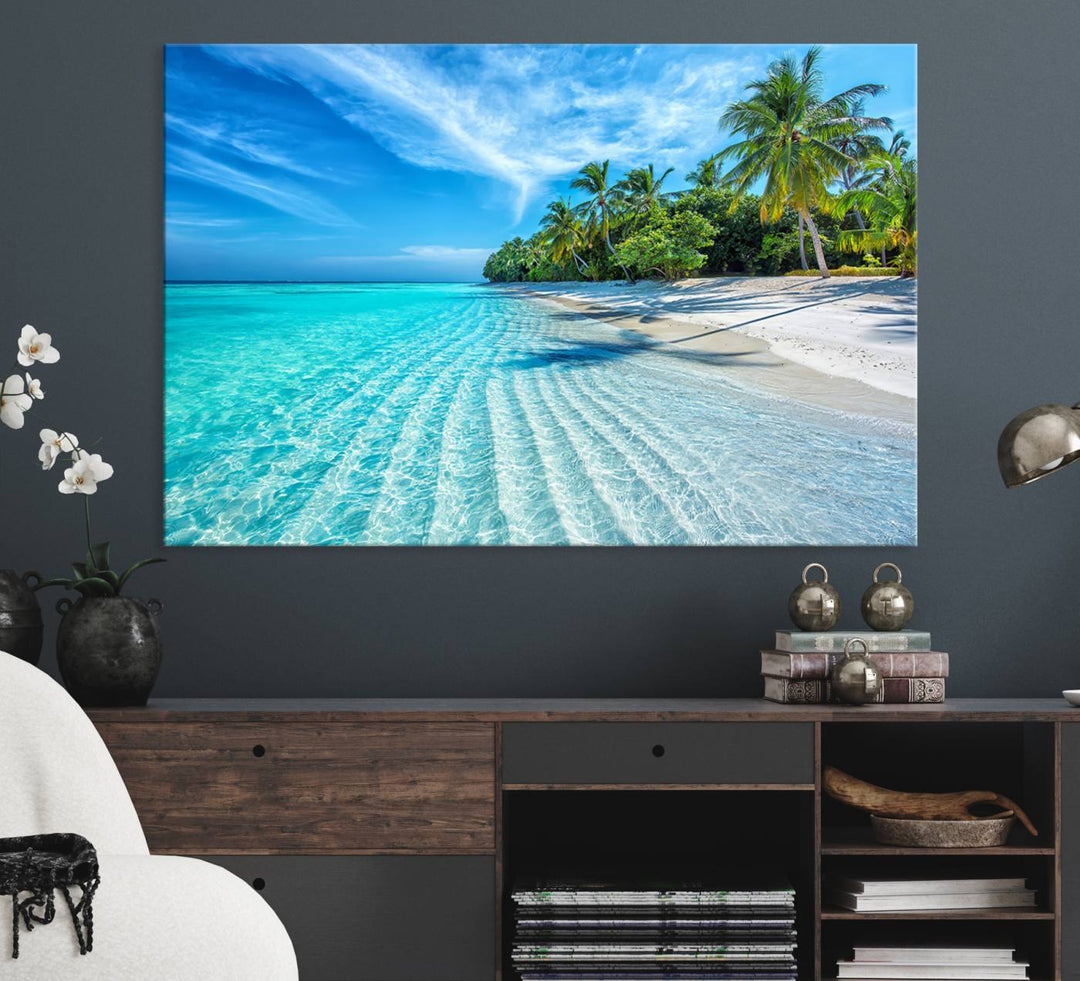 The Tropical Beach Wall Art Canvas Print features turquoise water and palm trees.