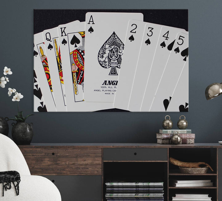 The oversized Poker Wall Art features the Ace of Spades and is displayed on a porch.