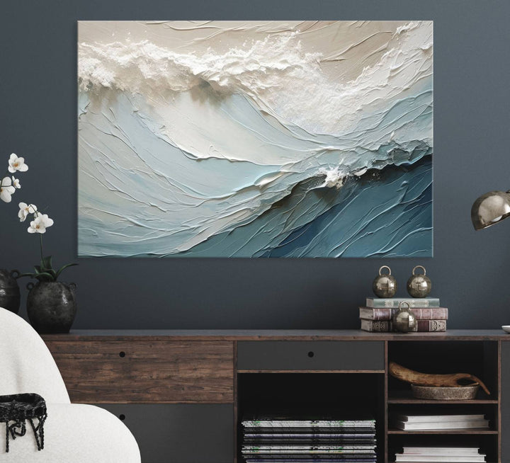 Waves Abstract Wall Art Print displayed on a porch with white siding.