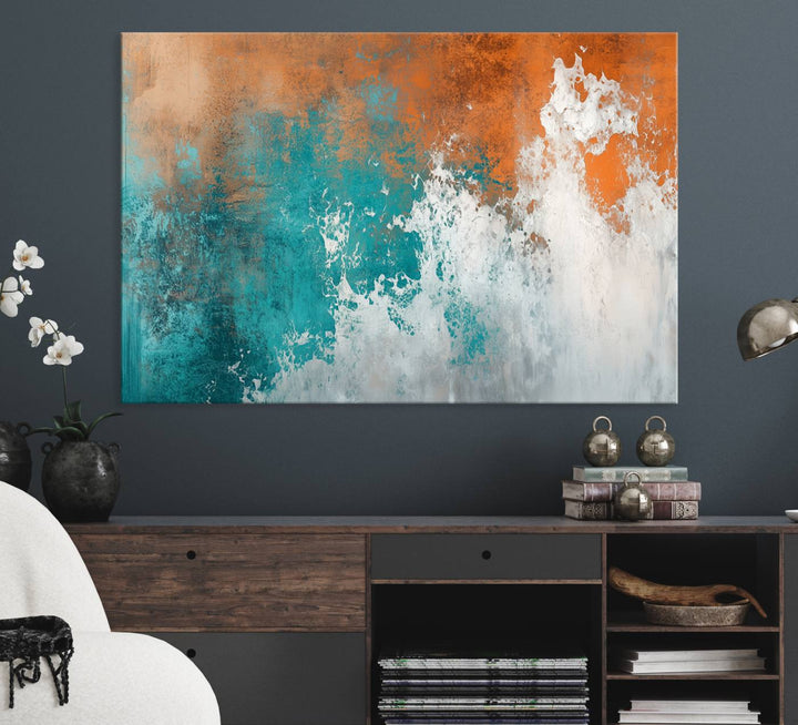Vintage Abstract Print - Bold Teal and Orange Canvas Wall Art - Retro-Vintage Abstract Orange Canvas for Modern Decor