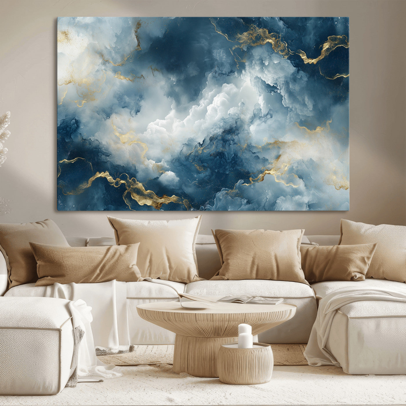 MGV-CV-36X24 - Large Abstract Print - Luxe Blue and Gold Abstract Canvas Wall Art - Bold Cloudscape Canvas for