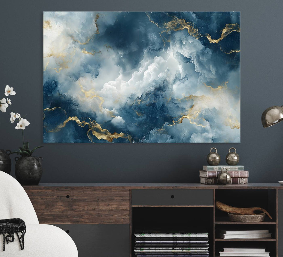 Luxe Blue and Gold Canvas Wall Art - a large abstract print.