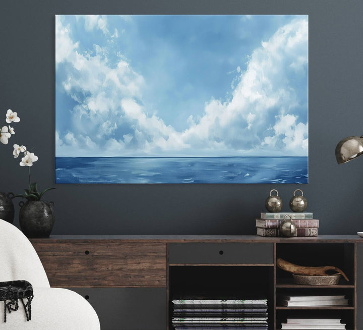 Abstract Ocean Print - Serene Blue Canvas displayed on a porch featuring minimalist decor.