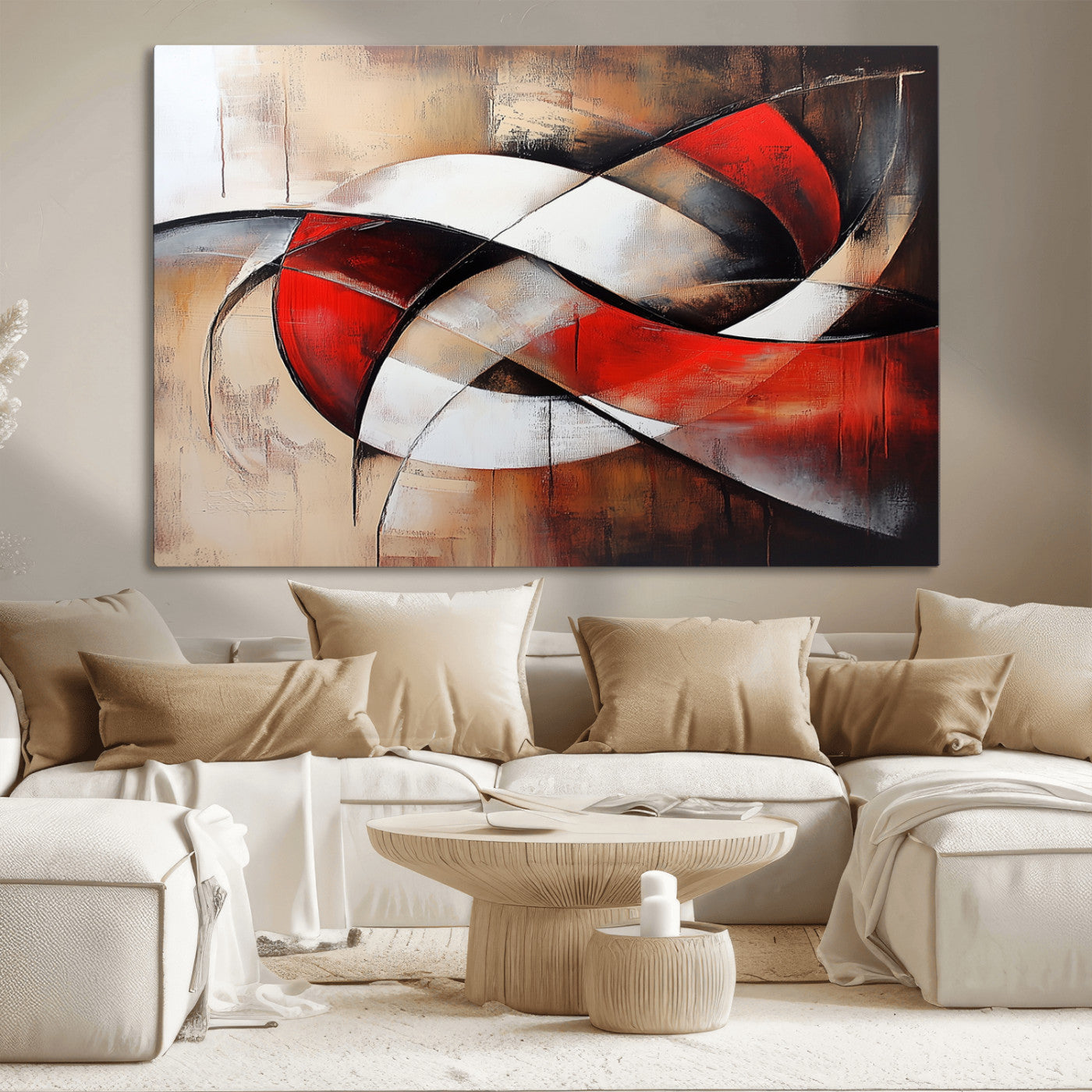MGV-CV-36X24 - Abstract Wall Art - Modern Red and White Canvas Wall Art Print - Bold Geometric Abstract Canvas for