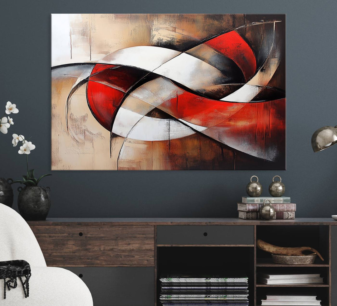 The Abstract Wall Art - Modern Red and White Canvas is displayed prominently in front of an entrance.