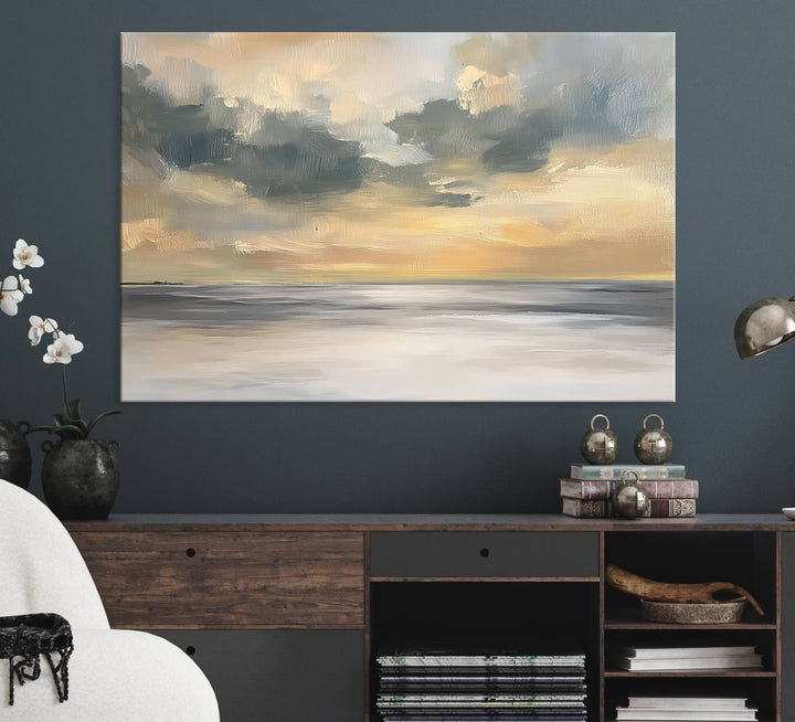 The Modern Coastal Wall Art Canvas Print features vibrant abstract ocean waves and clouds.