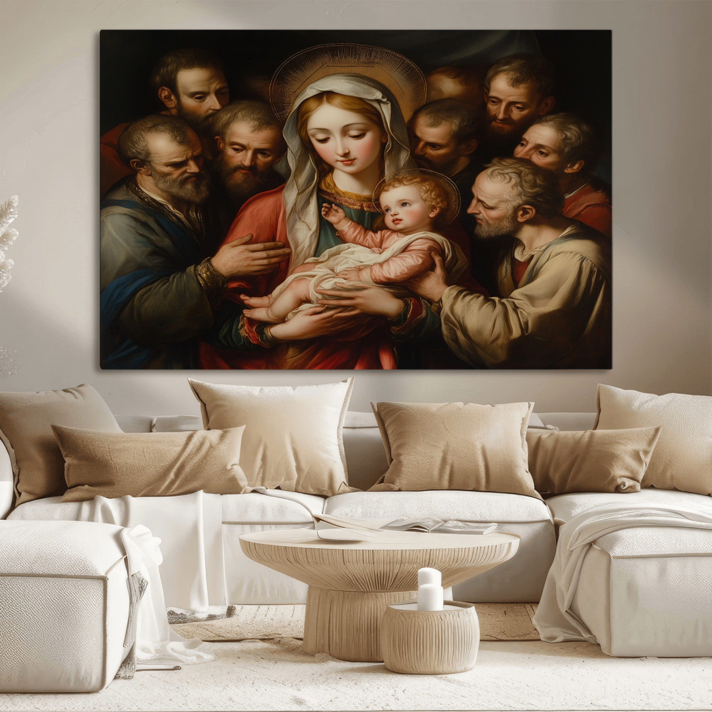 MGV-CV-36X24 - Religious Canvas Wall Art Print - Madonna and Child with Apostles Art Print - Classic Christian