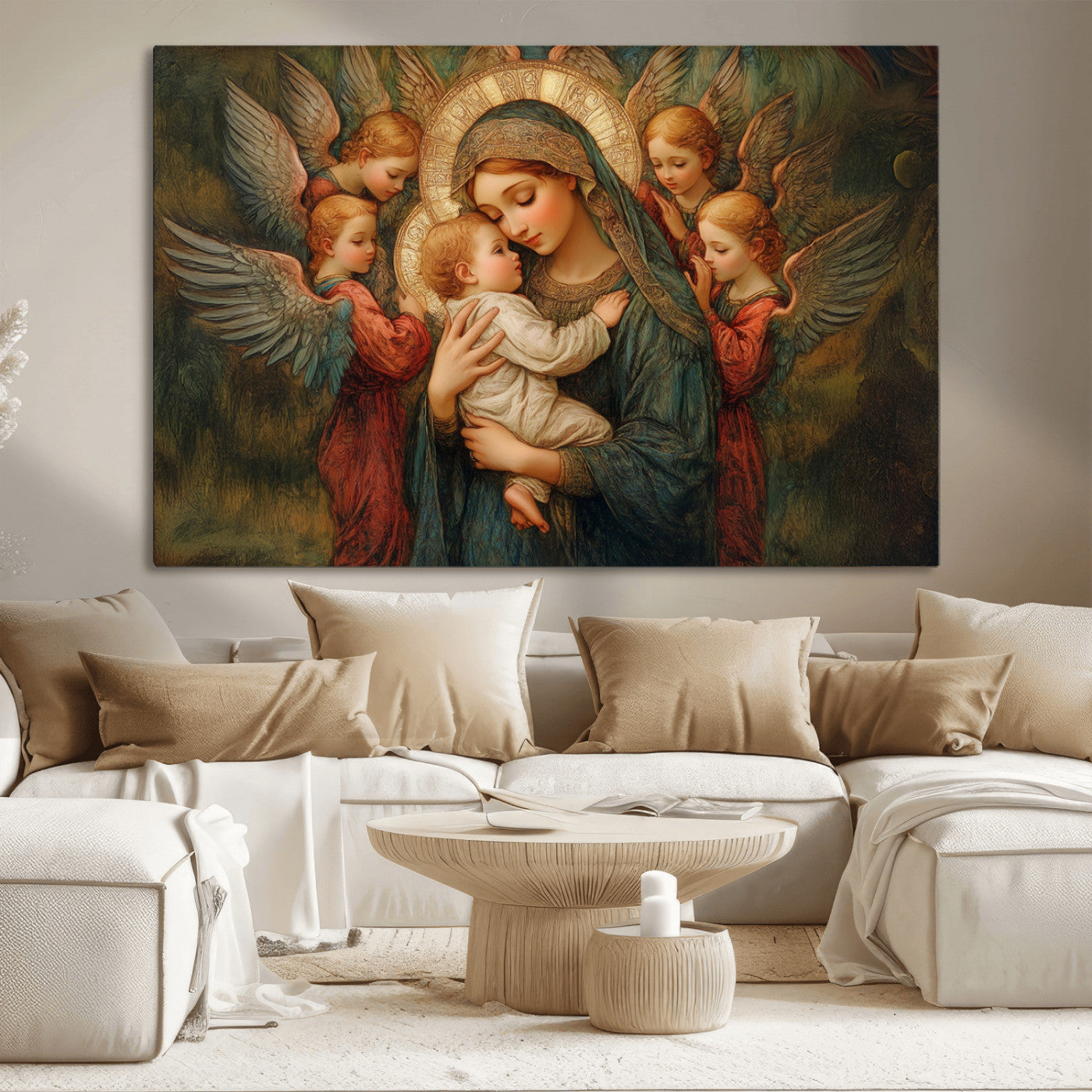 MGV-CV-36X24 - Mary Jesus Canvas Wall Art Print - Madonna and Child with Angels Art Print - Classic Christian