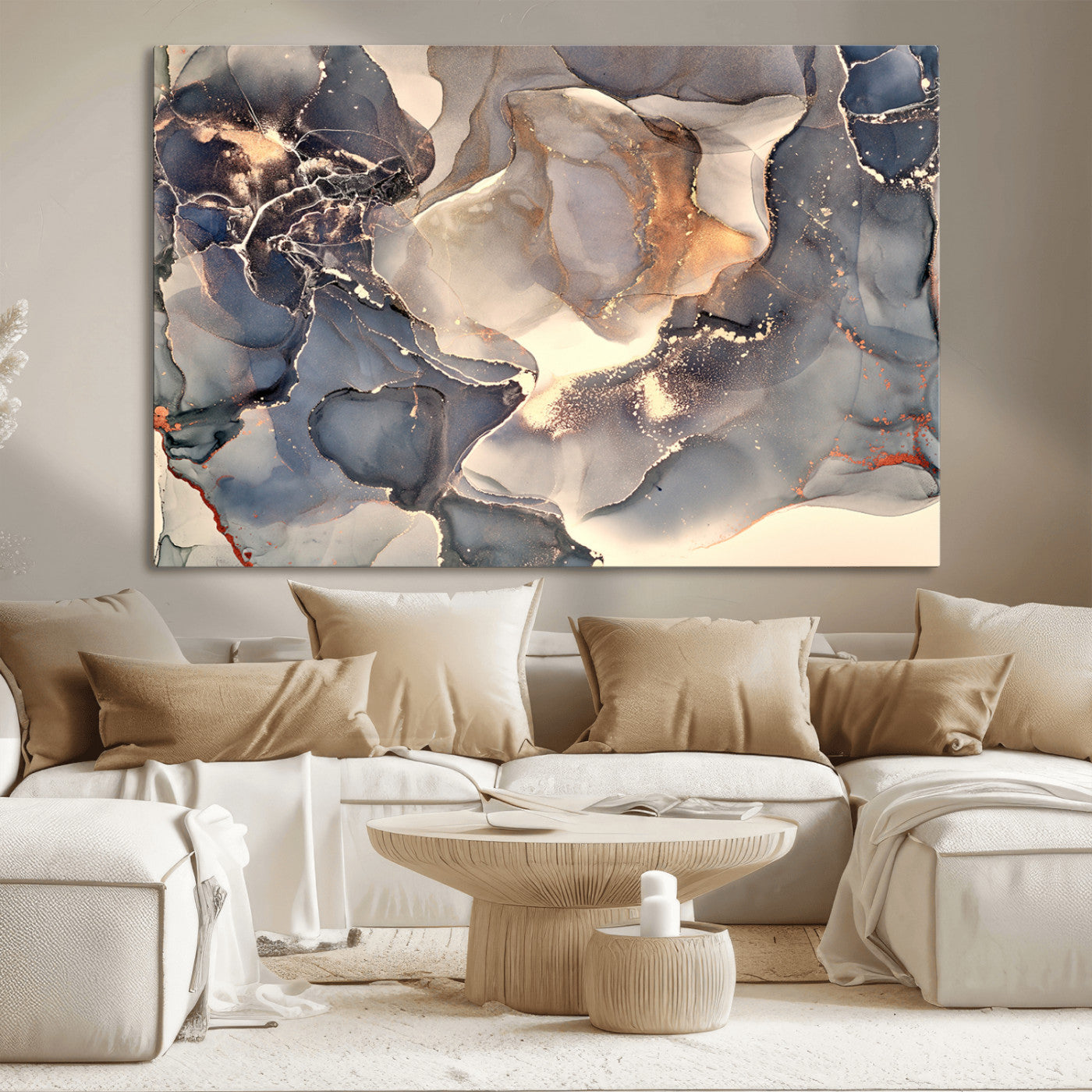 MGV-CV-36X24 - Abstract Blue and Gold Wall Art - Fluid Ink Artwork - Modern Luxury Wall Decor for Contemporary