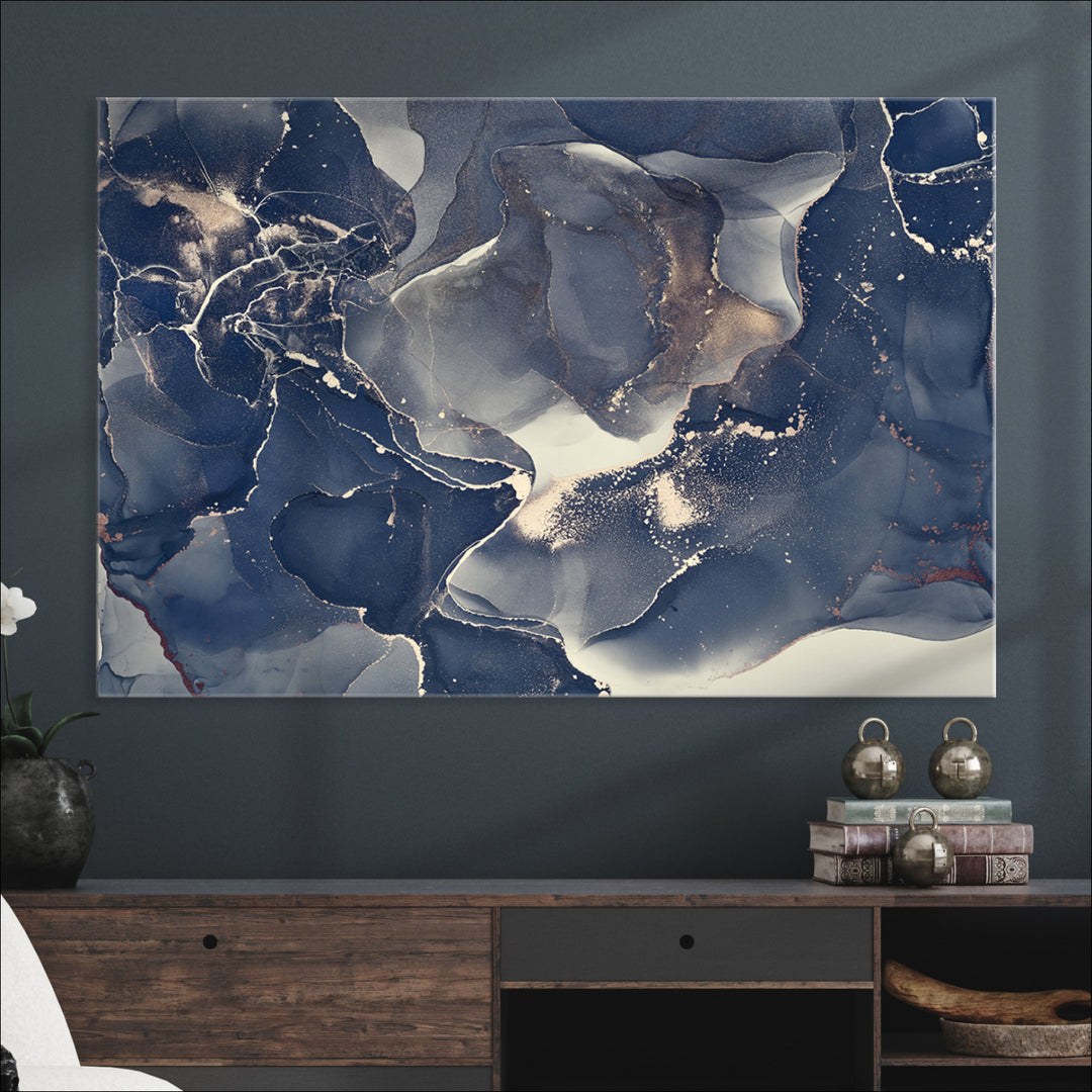 Large Abstract Blue and Gold Canvas Wall Art | Fluid Ink Artwork Print | Luxury Wall Decor for Contemporary Interiors | Framed Ready to Hang