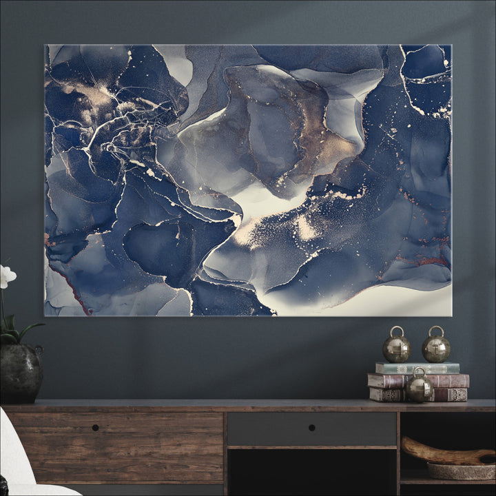Large Abstract Blue and Gold Canvas Wall Art | Fluid Ink Artwork Print | Luxury Wall Decor for Contemporary Interiors | Framed Ready to Hang