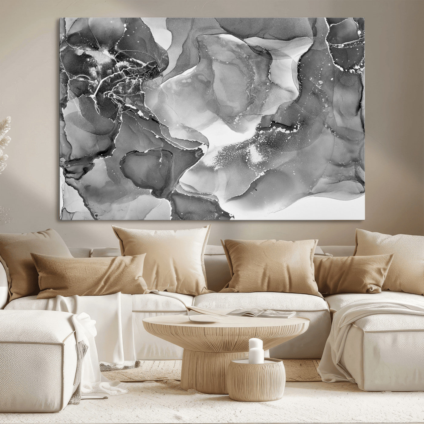MGV-CV-36X24 - Black White Abstract Canvas Wall Art - Fluid Ink Artwork - Modern Luxury Wall Decor for Contemporary