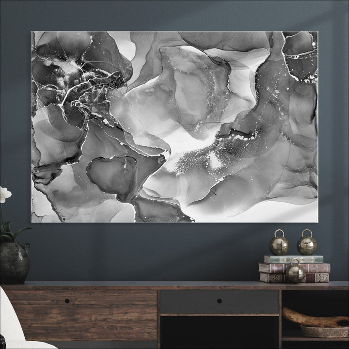 Black White Abstract Canvas Wall Art - Fluid Ink Artwork - Modern Luxury Wall Decor for Contemporary Interiors