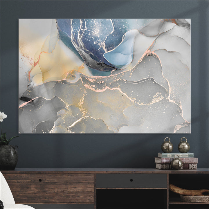 Large Abstract Blue and Gold Canvas Wall Art | Fluid Ink Artwork Print | Luxury Wall Decor for Contemporary Interiors | Framed Blue and Gold