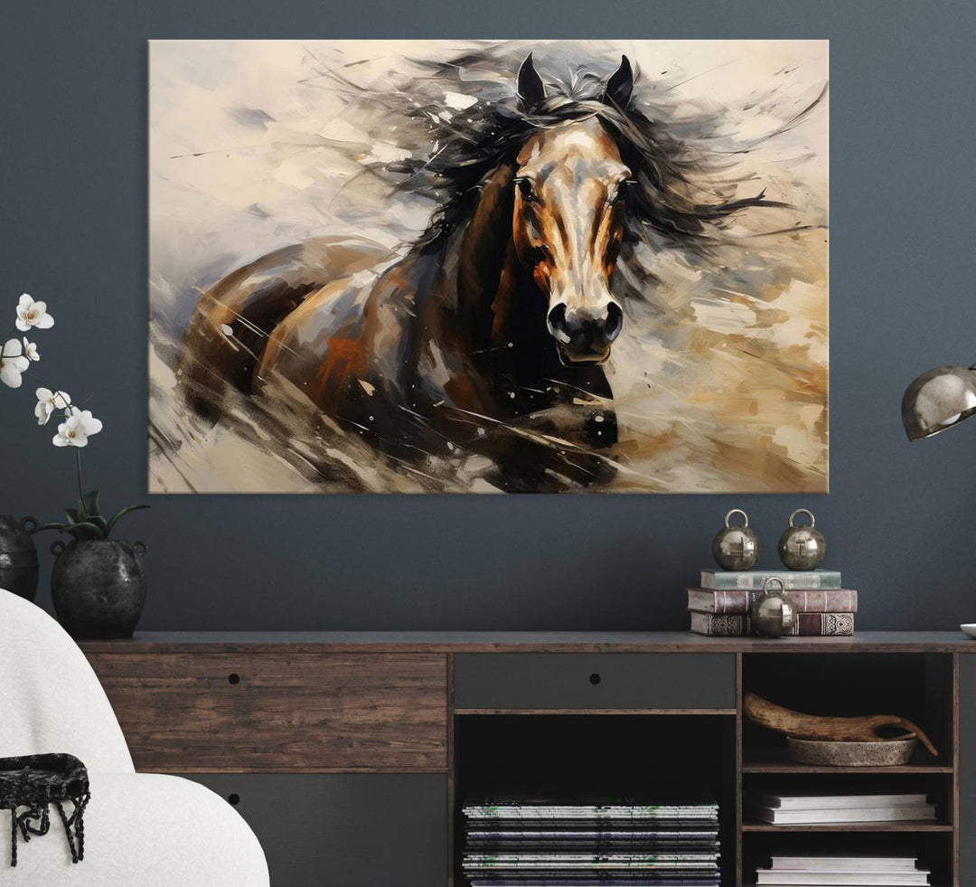 The Abstract Wall Art Horse Print adds rustic charm.