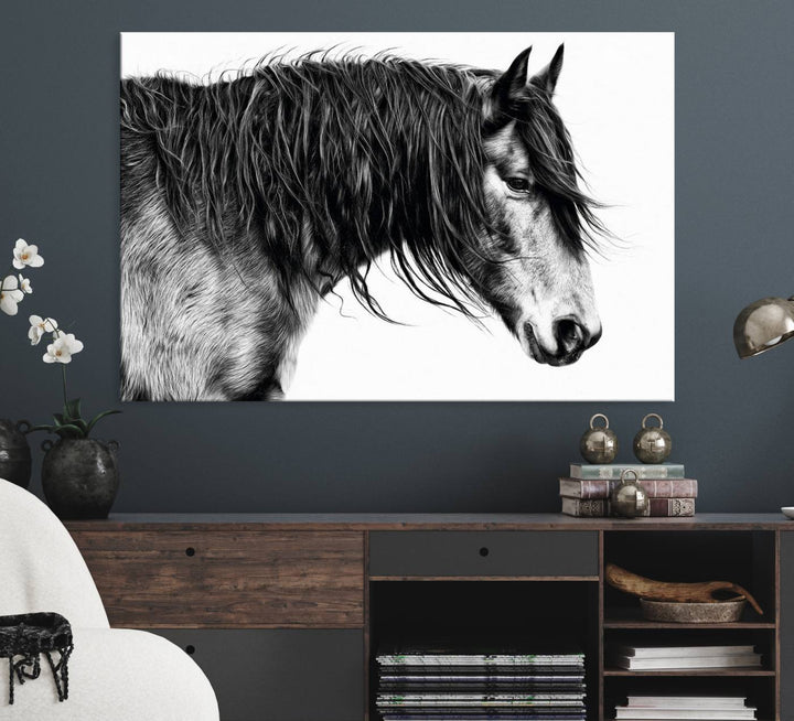 Black Horse Wall Art Canvas Print for farmhouse decor on the kitchen wall.