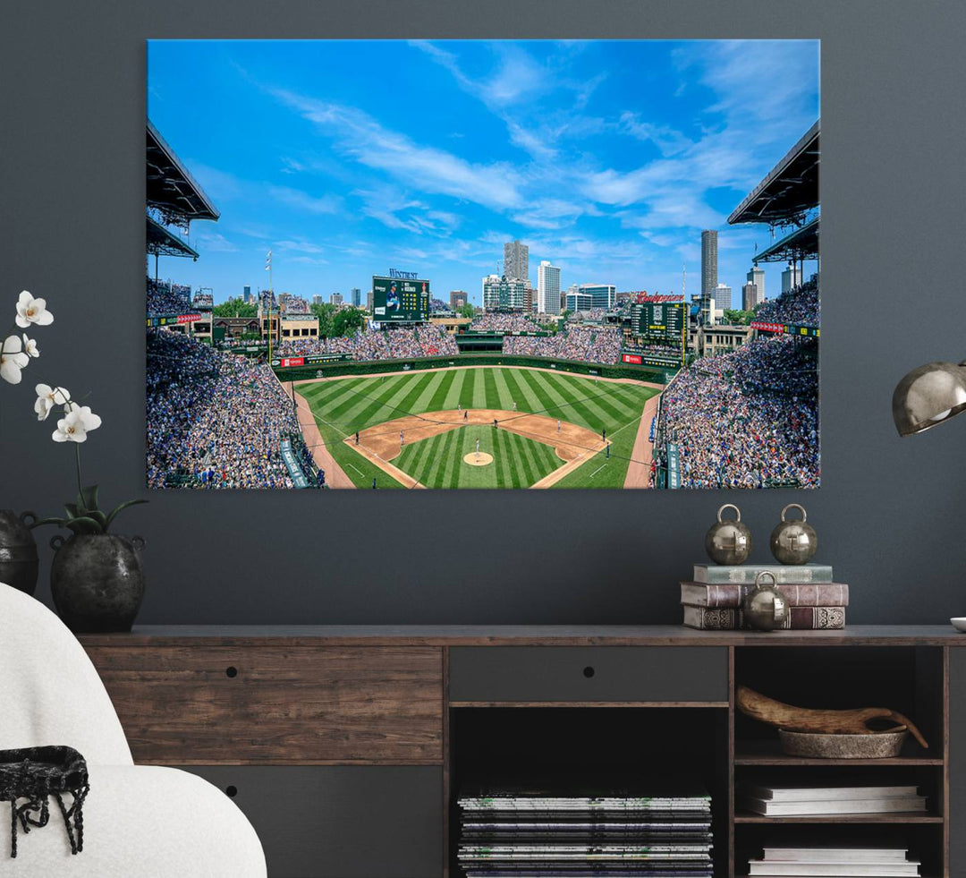 The Wrigley Field Chicago Cubs canvas art, depicting the iconic stadium, is perfect for sports lovers.