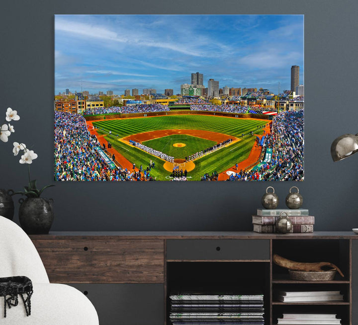 The Wrigley Field Cubs Panoramic Canvas Art hangs prominently in the modern living room.