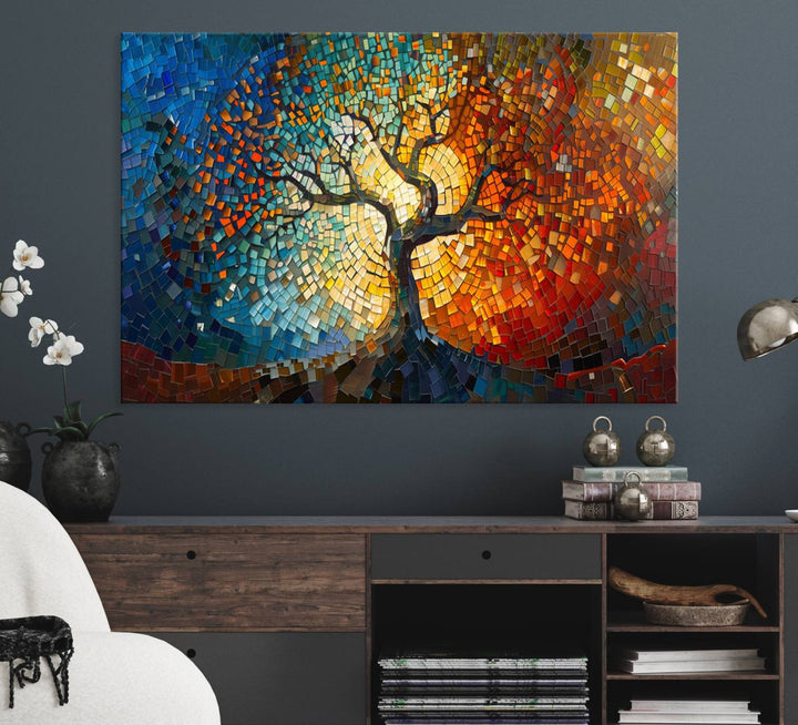 Mosaic Tree Canvas Wall Art: A stunning stained glass-inspired Tree of Life featuring blue and orange swirling patterns reminiscent of a sunburst.