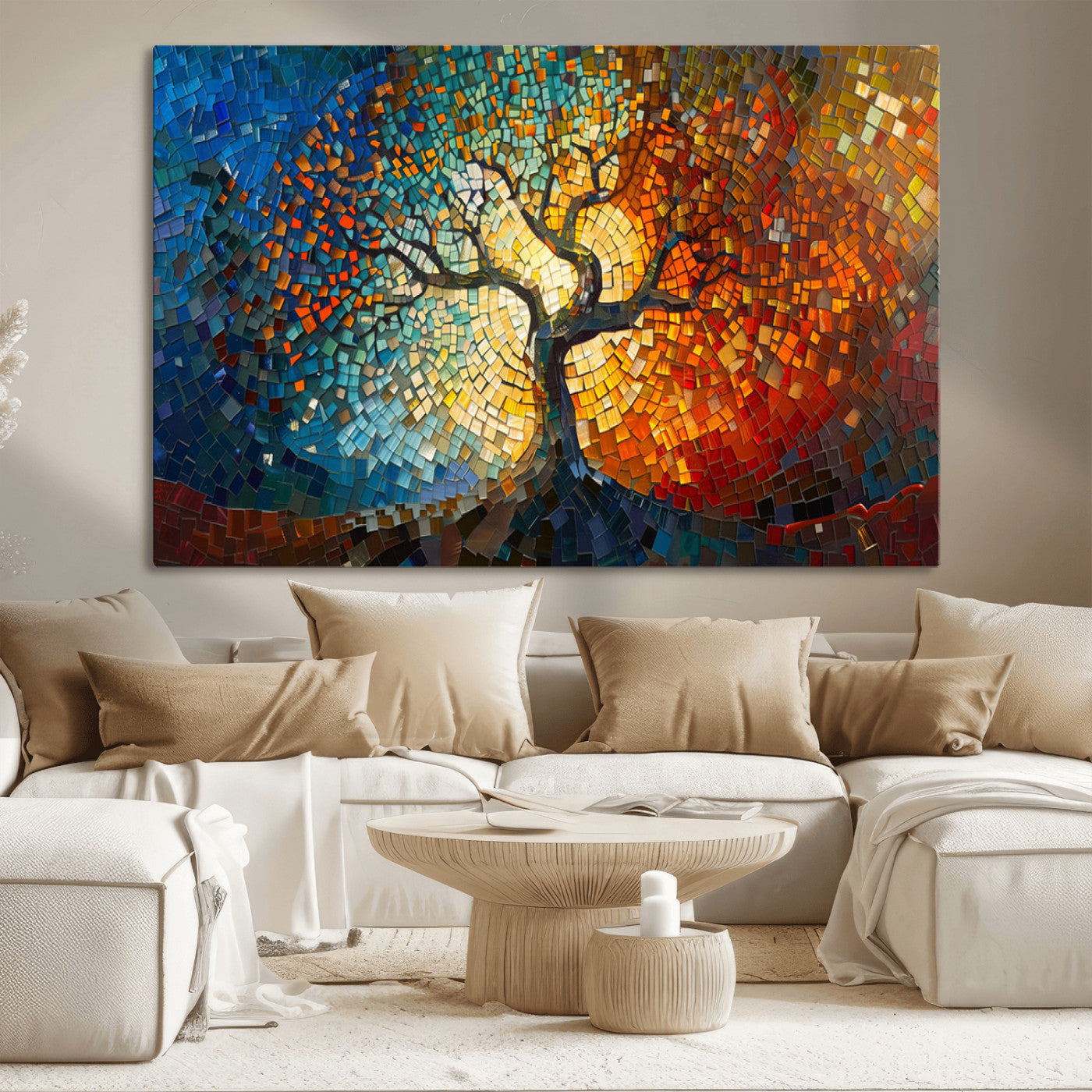 MGV-CV-36X24 - Mosaic Tree Canvas Wall Art Canvas Print – Vibrant Stained Glass-Inspired Tree of Life - Ready to