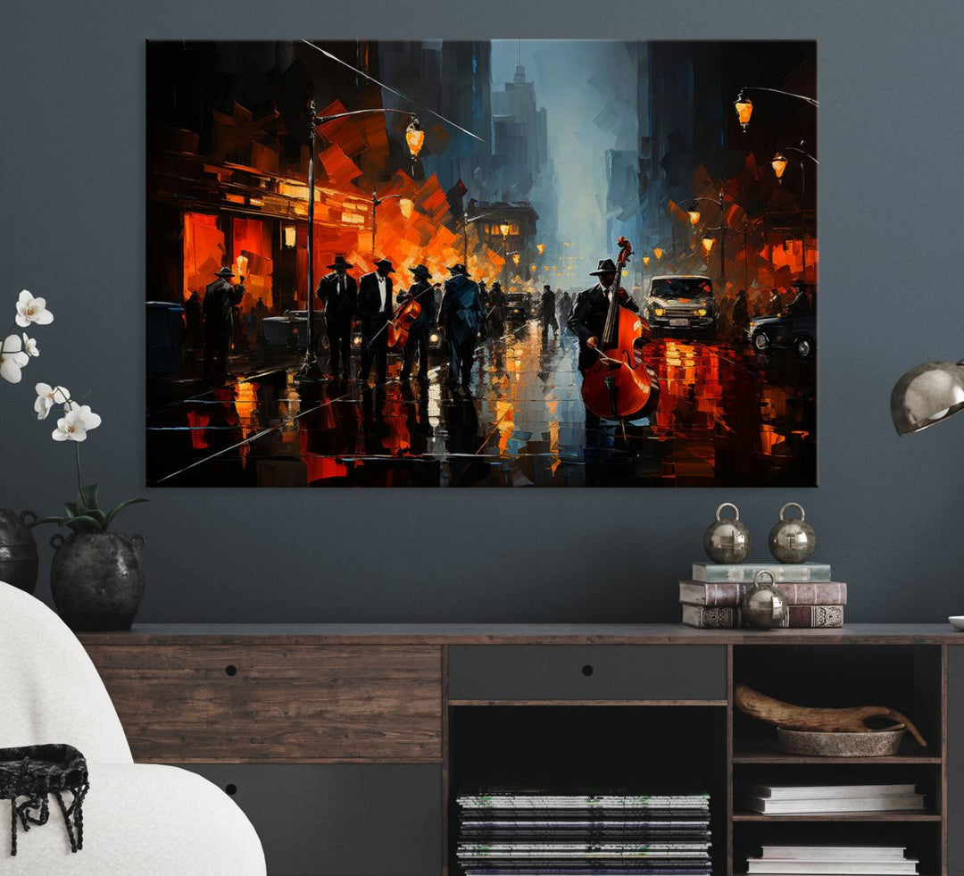 Framed Abstract Music Canvas: Jazz musicians on a rainy city street at night, with warm lights reflecting on wet pavement.