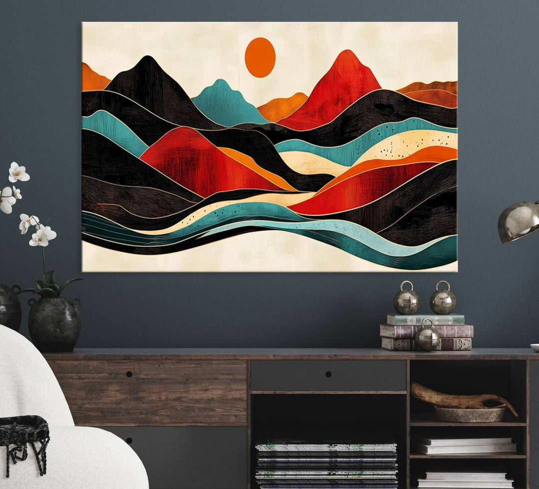 The Colorful Western Triptych Canvas features a vibrant mountain and sun design, making it perfect for modern kitchens or log cabin walls.