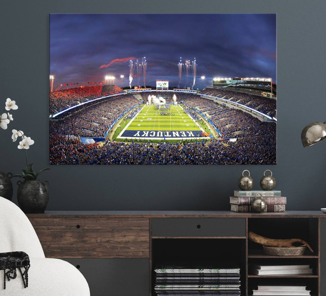 A filled stadium at dusk and fireworks overhead are beautifully captured in the Kroger Field Canvas Wall Art - Sunset Football Stadium Decor.