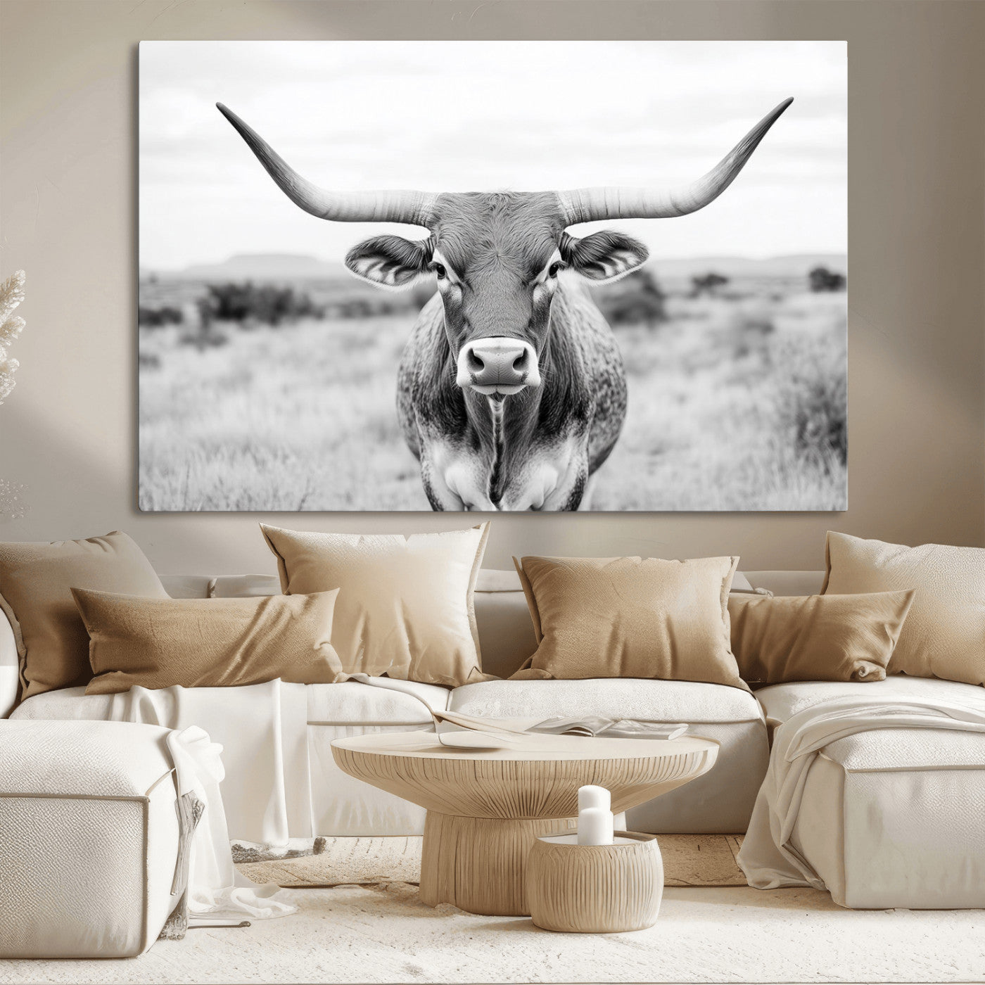 MGV-CV-36X24 - Highland Cow Wall Art Print - Black and White Texas Western Longhorn Canvas - Farmhouse Decor Print