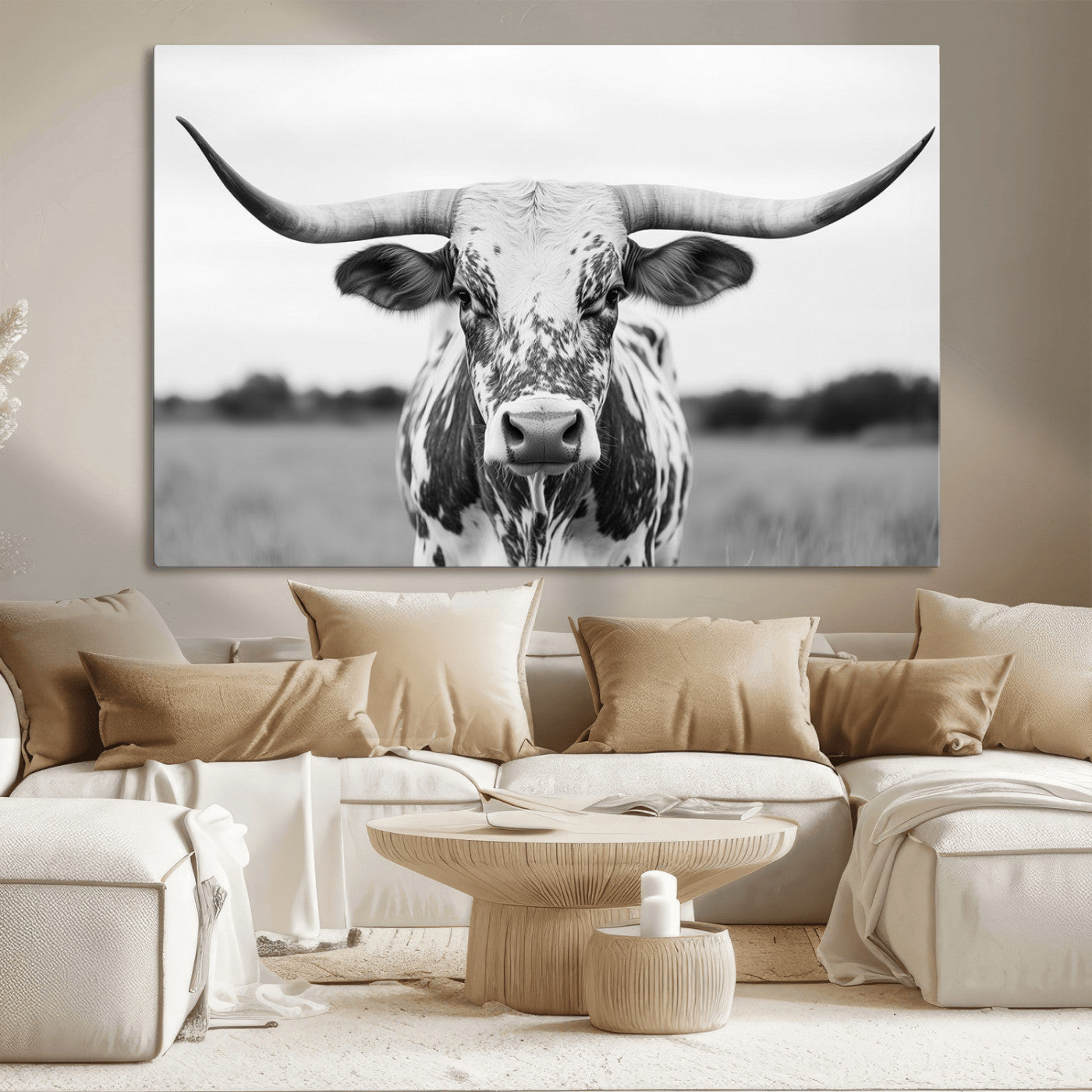 MGV-CV-36X24 - Highland Cow Wall Art - Black and White Western Longhorn Canvas Print - Farmhouse Living Room Decor