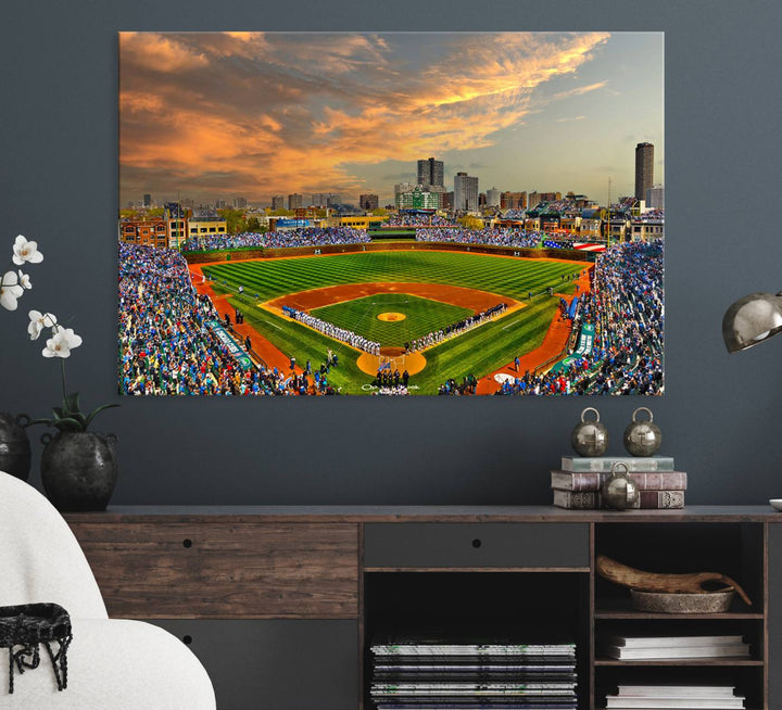 Aerial view of Wrigley Field at sunset against a vibrant sky, creating the perfect Chicago Wrigley Field Canvas Wall Art.