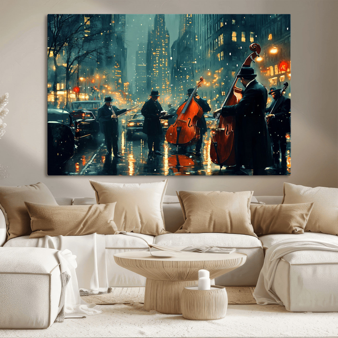 Urban Night Jazz Wall Art Canvas Print – Moody Rain-Soaked City
