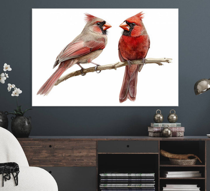 The Cardinal Bird Canvas Wall Art showcases two cardinals on a branch.