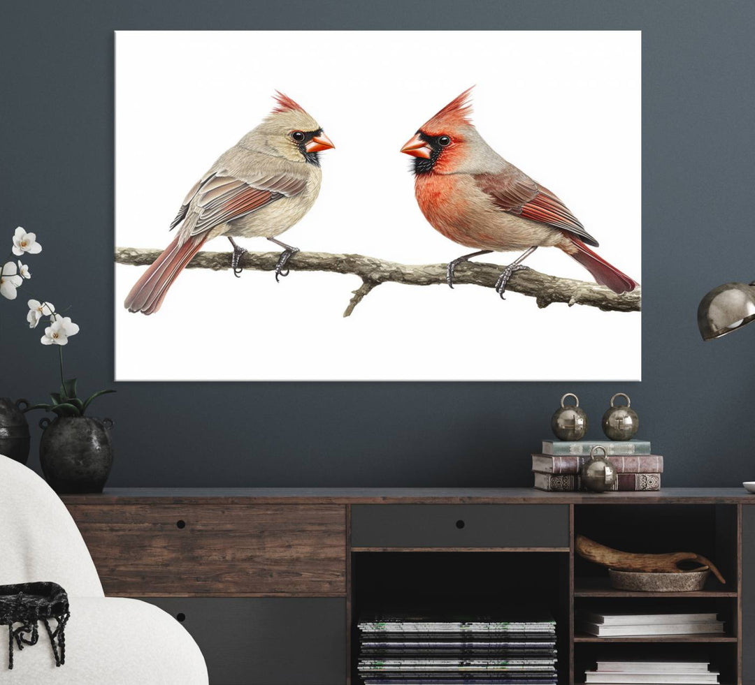 A Cardinal Canvas Wall Art print of cardinals on a branch hangs prominently.