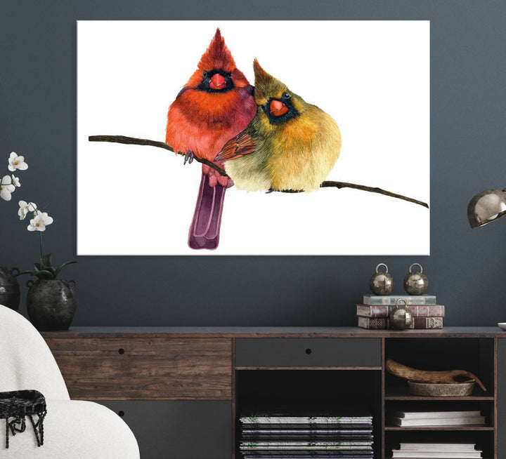 The Cardinal Bird Canvas Wall Art showcases vibrant male and female cardinals, capturing the beauty of nature in vivid detail.