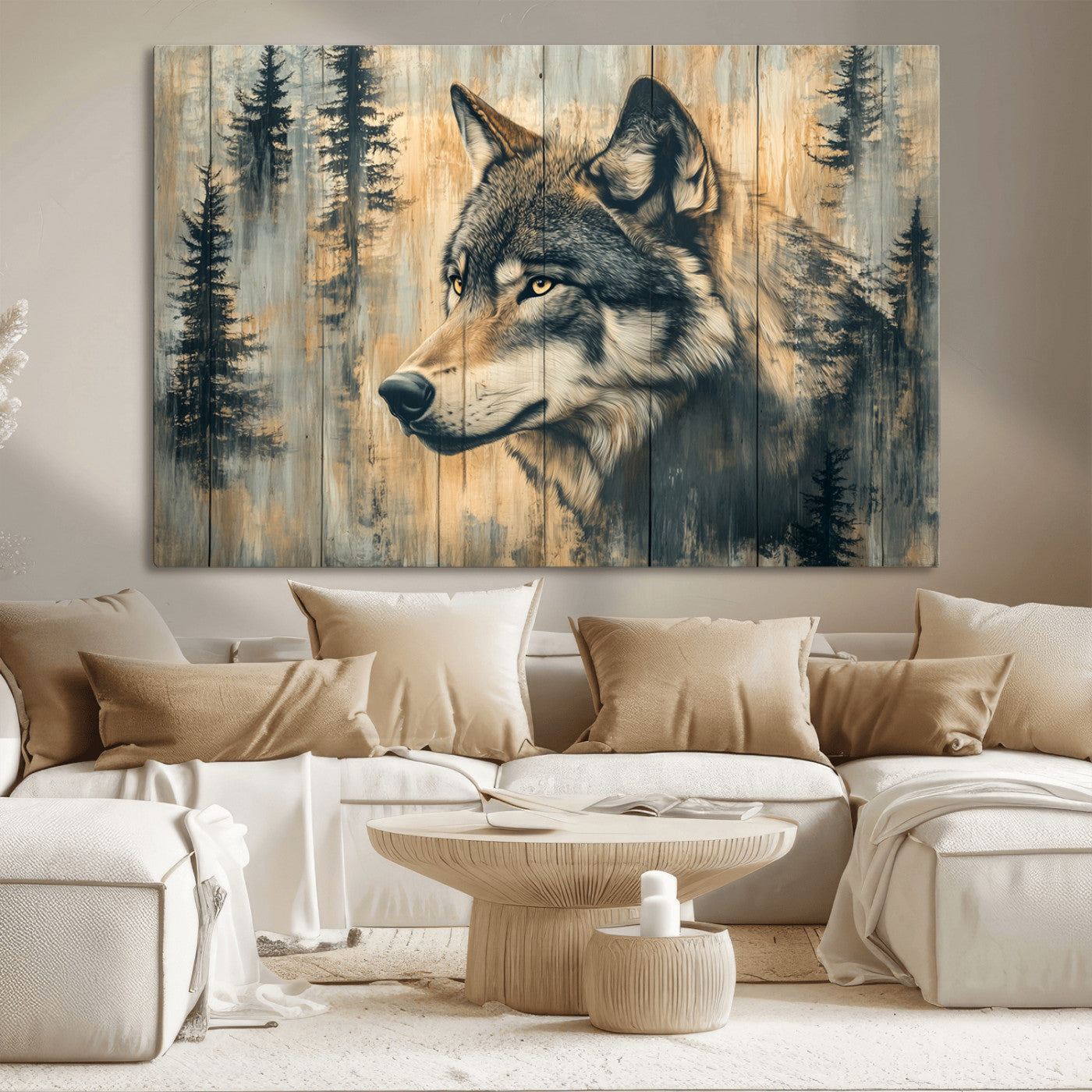 MGV-CV-36X24 - Wood Style Rustic Wolf Wall Art Canvas Print, Vintage Woodland Wolf Wall Art, Framed Wood Style Wolf