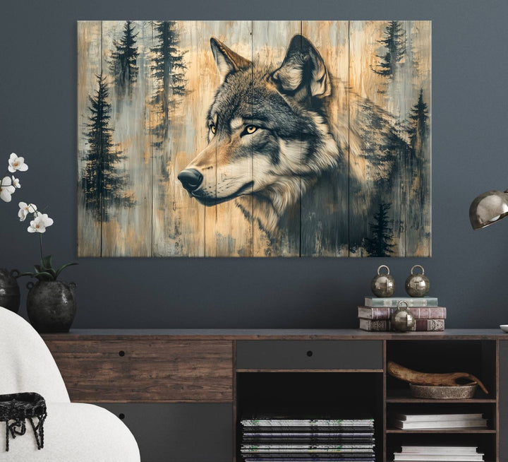 Above the counter is a Wood Style Rustic Wolf Wall Art Canvas Print.