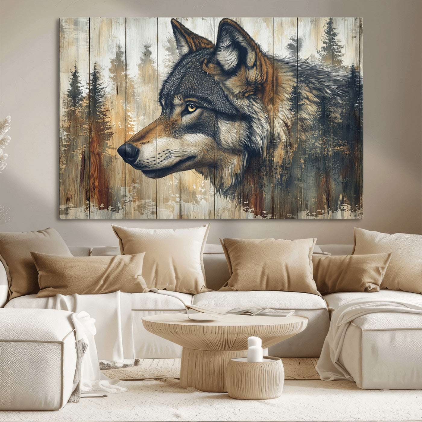 MGV-CV-36X24 - Rustic Wolf Wall Art Canvas Print, Vintage Woodland Wolf Wall Art