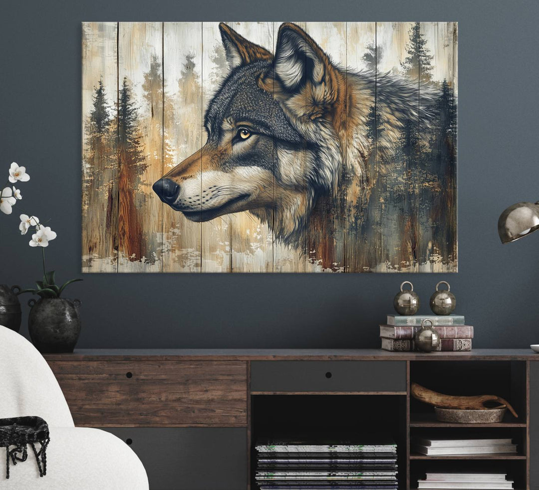 A Rustic Wolf Wall Art Canvas Print in earthy tones adorns the wall above the countertop.