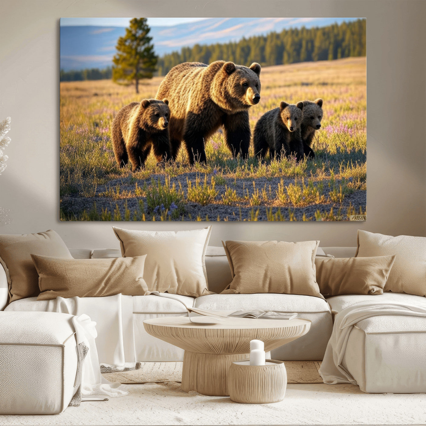 MGV-CV-36X24 - Grizzly 399 in Wild Flowers Wall Art Canvas Print, Grizzly Bears Wall Art, Queen of Grand Teton