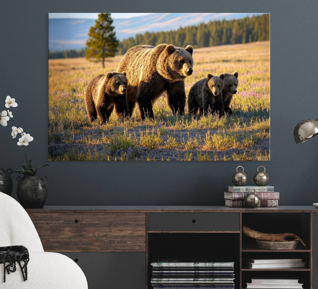 The dining room showcases the Grizzly 399 in Wild Flowers wall art.