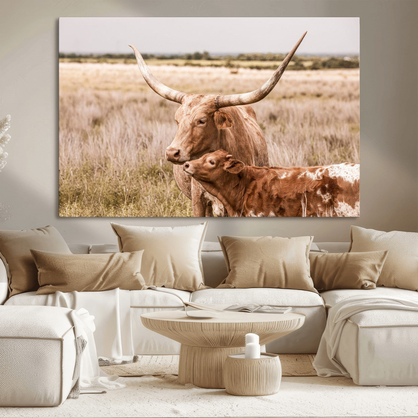 MGV-CV-36X24 - Texas Longhorn Cow Wall Art Canvas Print for Farmhouse Wall Art, Texas Decor, Western Wall Art Print